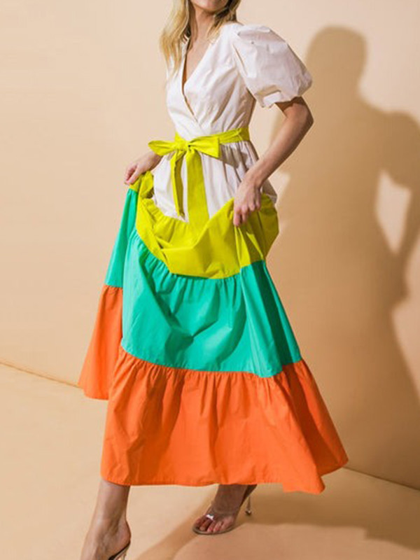 Split-Joint Pleated Contrast Color Bowknot Short Sleeves Puff Sleeves V-neck Shirt Dress Maxi Dresses