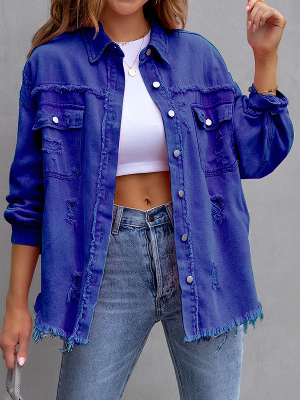 Pockets Fringed Loose Long Sleeves Lapel Outerwear