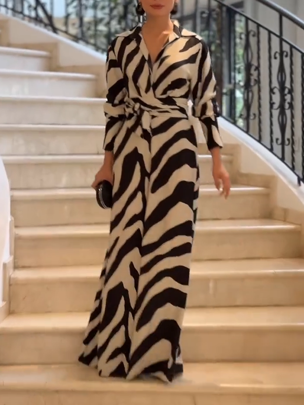 Zebra Printed Tied Waist Split-Joint Wide Leg Long Sleeves Lapel Jumpsuits