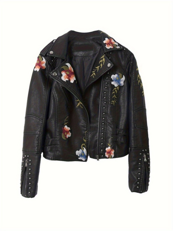Women'S Vintage Bohemian Floral Embroidered Faux Leather Jacket