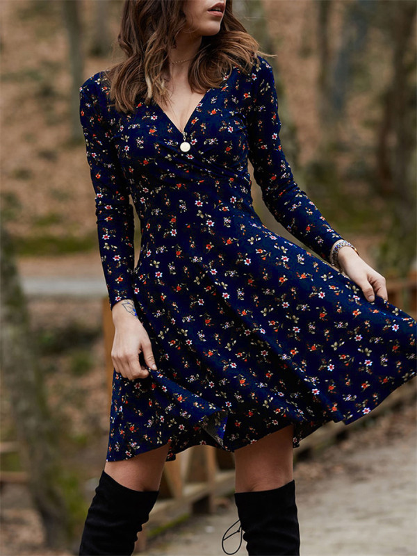 Dress Floral Long Sleeve V-neck Dress Big Swing Dress
