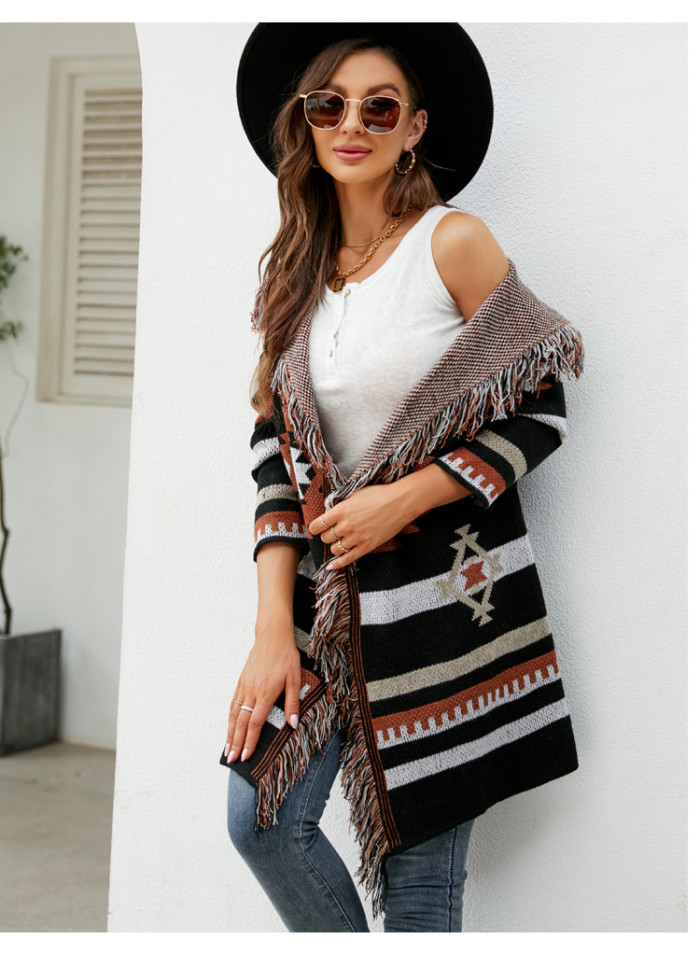 Women's Aztec Ethnic Style Tassel Geometric Jacquard Sweater Cardigan