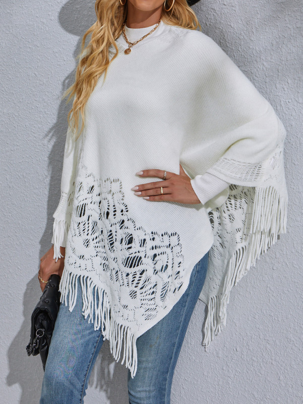 Hollow Out Tassel Shawl Sweater Long Sleeve Pullover Sweater
