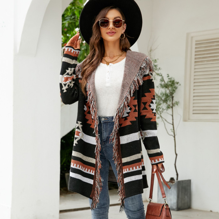 Women's Aztec Ethnic Style Tassel Geometric Jacquard Sweater Cardigan