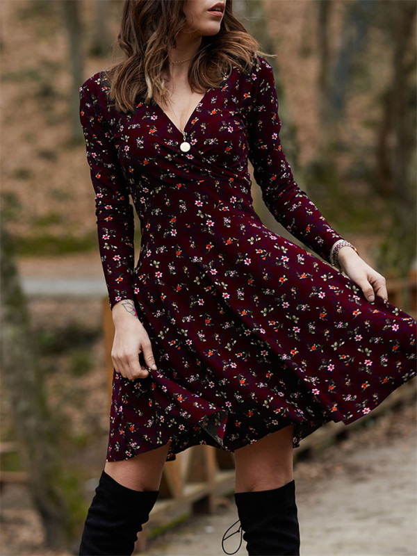 Dress Floral Long Sleeve V-neck Dress Big Swing Dress