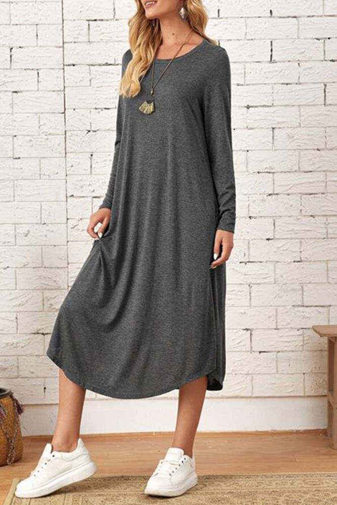 Casual Simplicity Solid Pocket O Neck Long Sleeve Dresses
