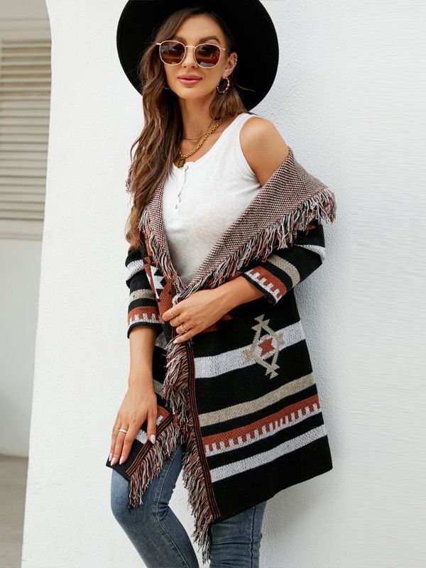 Women's Aztec Ethnic Style Tassel Geometric Jacquard Sweater Cardigan
