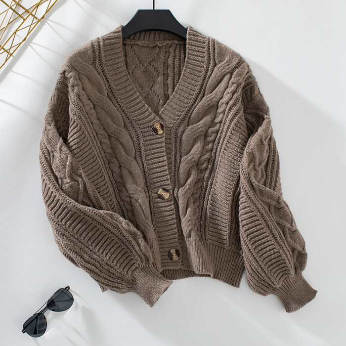 Women's Autumn Puffle Sleeve Sweater V-Neck Single Breasted Casual Knitted Sweater Cardigan