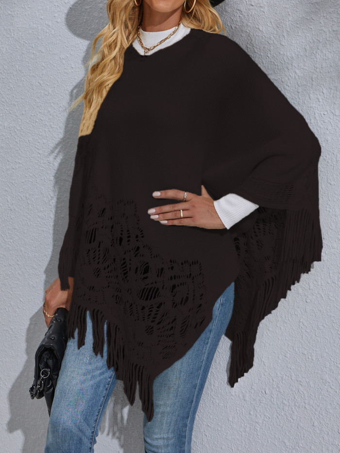 Hollow Out Tassel Shawl Sweater Long Sleeve Pullover Sweater