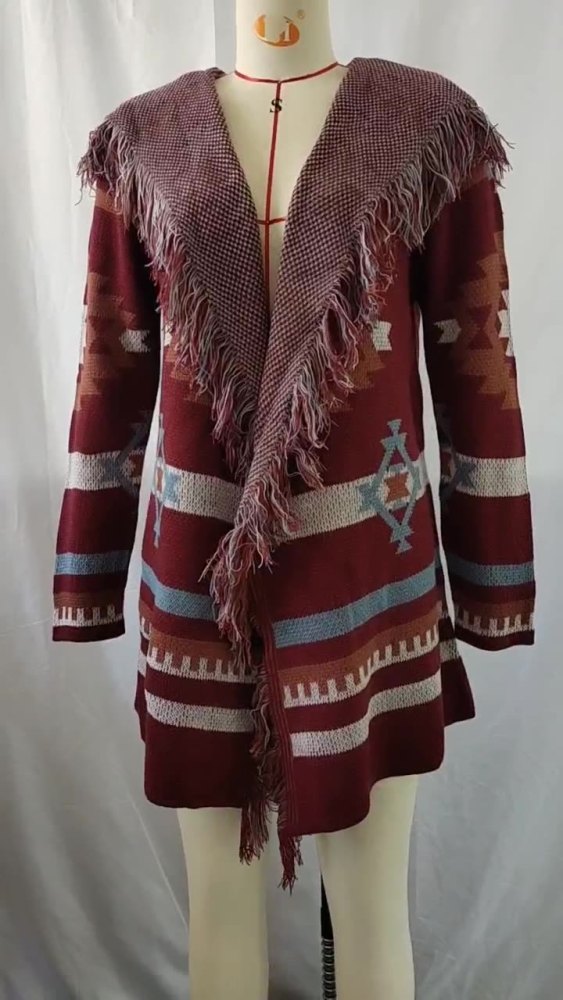 Women's Aztec Ethnic Style Tassel Geometric Jacquard Sweater Cardigan