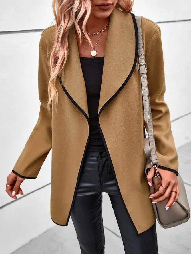 Women's Solid Long Jacket Lapel Open Front Brown Woolen Jacket