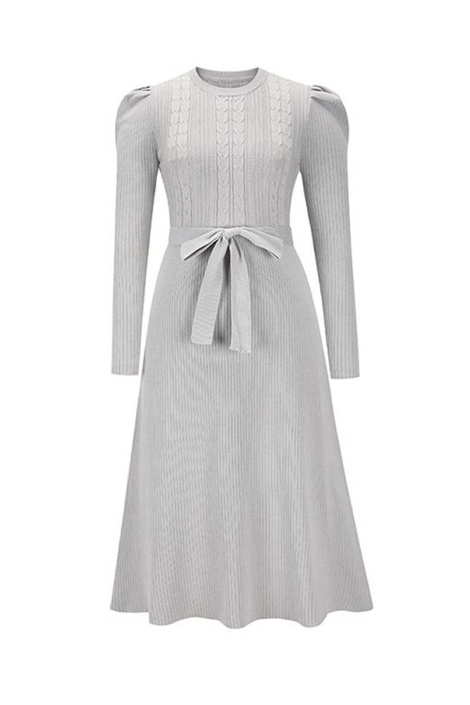 Puff Long Sleeve Belted Knit Sweater Dress