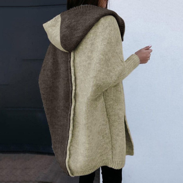 Women's Knitted Sweater Jacket Color Block Hooded Sweater Cardigan