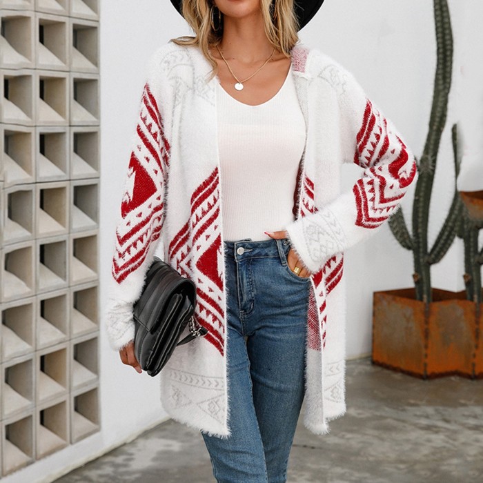 Women Overcoat Plus Size Warm Printing Long Sleeve Open Front Winter Cardigan Outwear Hoodies Sweater Coat