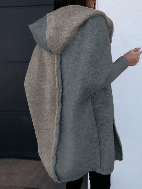 Women's Knitted Sweater Jacket Color Block Hooded Sweater Cardigan