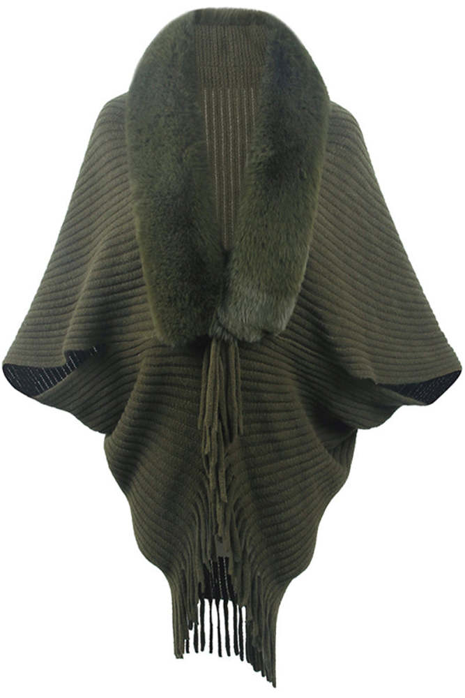 Fur Collar Fringed Knit Shawl Sweater