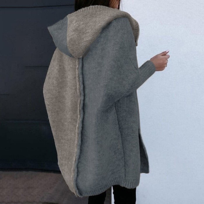 Women's Knitted Sweater Jacket Color Block Hooded Sweater Cardigan
