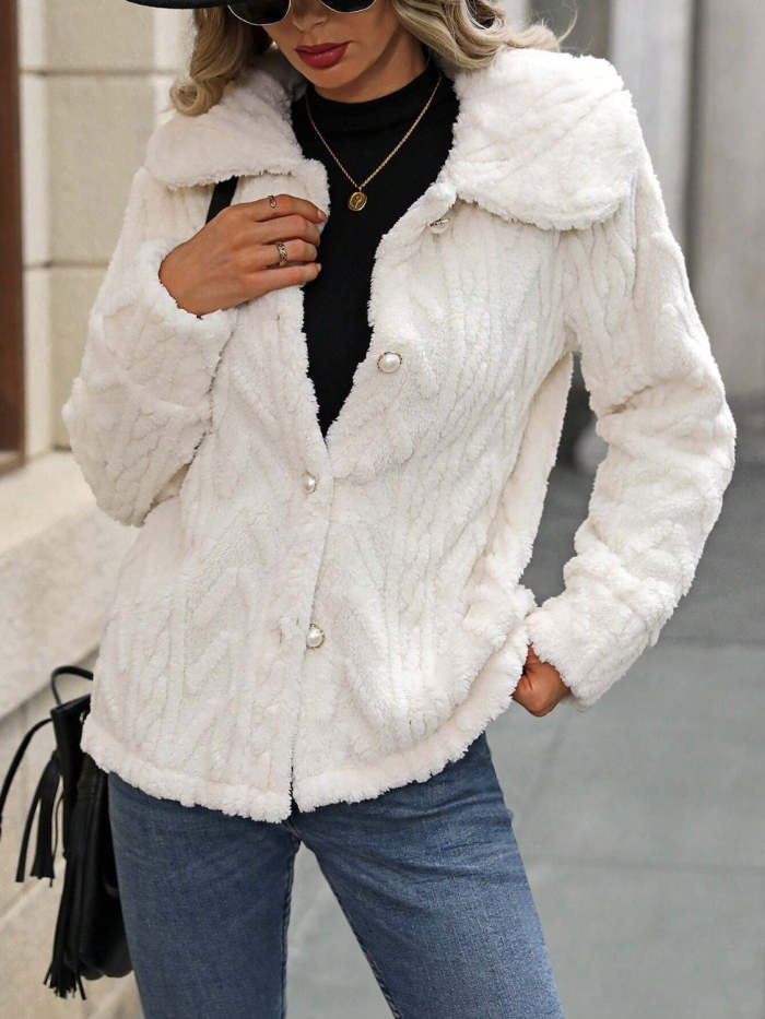 Women's Fuzzy Texture Button Up Collared Neck Coat
