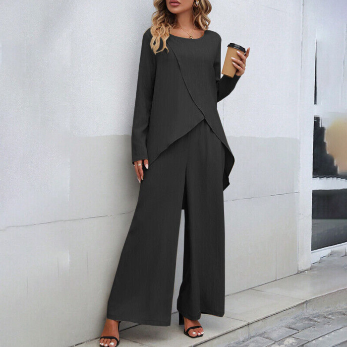 Women's Daily Set Long Sleeved Irregular Top and Elastic Wide Leg Long Pant