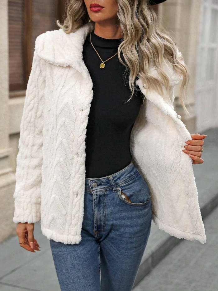 Women's Fuzzy Texture Button Up Collared Neck Coat