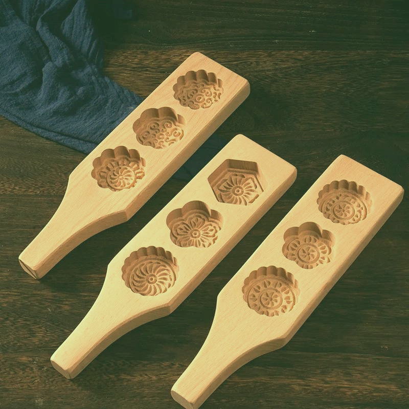 Wooden Cookie Stamp Set - Traditional Mooncake Molds, Cookie and Pastry Stampers - Baking Tools and Accessories for Green Bean Cake, Snow Light Beige Mooncake, and Desserts - Carved Wooden Baking Utensil Kit