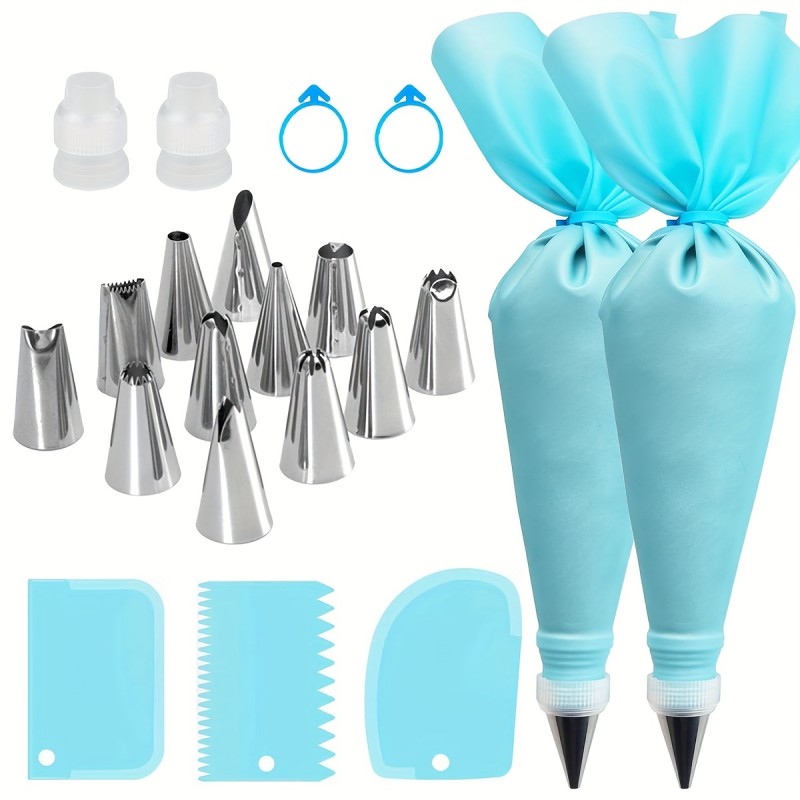 Set of 21pcs for Cake Decoration Including Baking Tools, Molds, Piping Bags, And Tips.