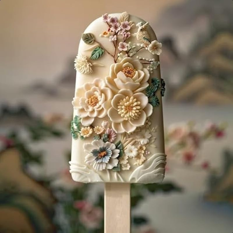 3D Floral Ice Cream Molds ChineseInspired Silicone Popsicle Molds for DIY Homemade Ice Cream Includes Sticks Perfect for Parties and Holiday Gifts