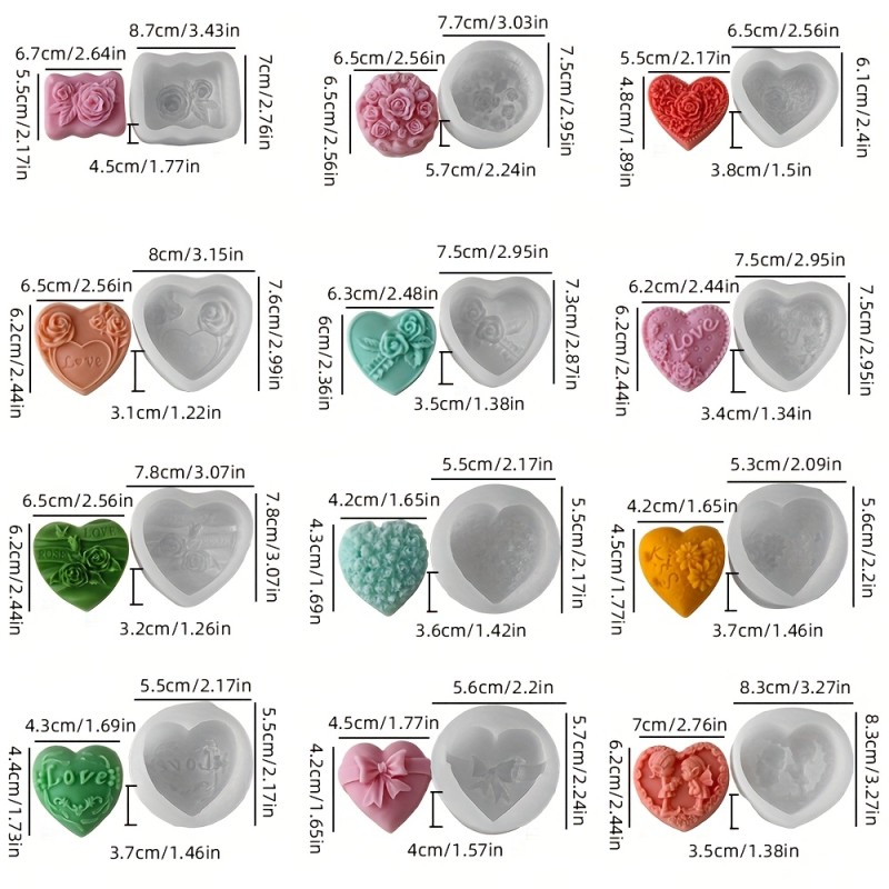 12pcs 3D Love Shaped Silicone Mold - Multi Functional Love Themed Mousse, Candle, Soap Making And DIY Silicone Mold with Exquisite Bow Rose Design - Suitable for Home Decoration, Fireplace, Bedroom, Living Room, Center Decoration, Office, Valentine's Day Gifts, Holiday Birthday Gifts