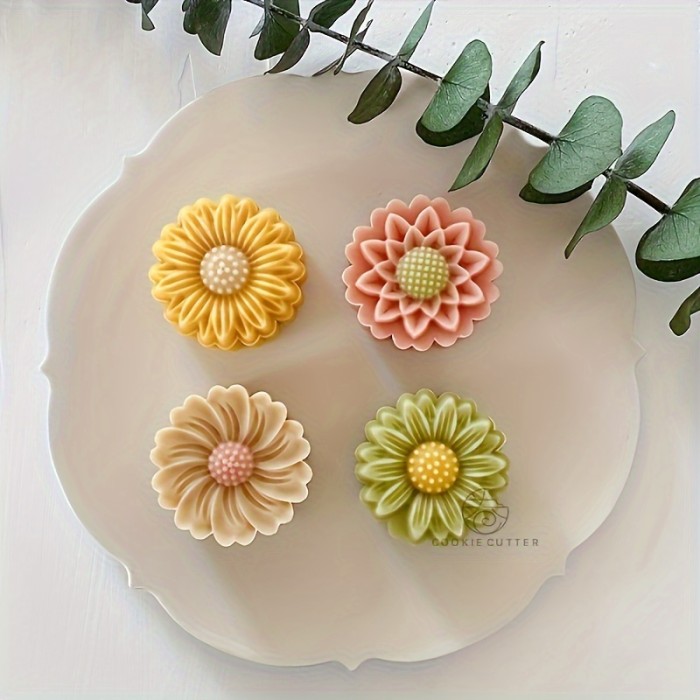 4Pcs\u002FSet Daisy Shape Cookie Stamp Flower Mooncake Mold Spring Pastry Cake Decoration Tool - Food Grade Silicone - For Baking Enthusiasts & DIY Lovers - Perfect Gift for Bakers & Home Cooks