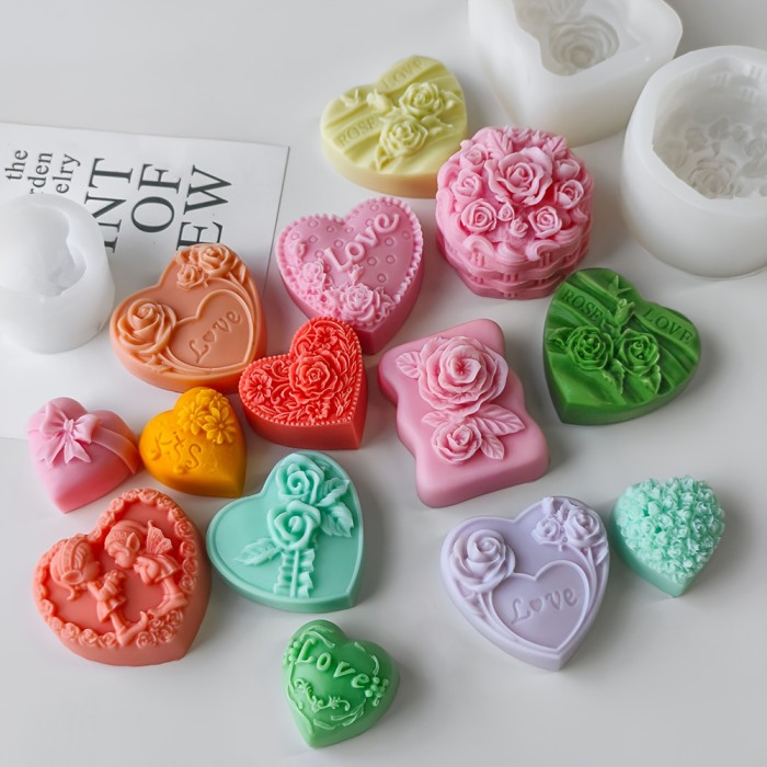 12pcs 3D Love Shaped Silicone Mold - Multi Functional Love Themed Mousse, Candle, Soap Making And DIY Silicone Mold with Exquisite Bow Rose Design - Suitable for Home Decoration, Fireplace, Bedroom, Living Room, Center Decoration, Office, Valentine's Day Gifts, Holiday Birthday Gifts
