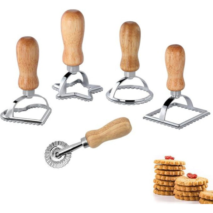 Cookie Mold Set, Ravioli Cutter with Wooden Handle, Ravioli Maker, Cake Cutter, Pasta Molds, Tools for Making Ravioli, Round, Pentagram, Square, Heart Cookie Mold and Pasta Wheel with Wooden Handle