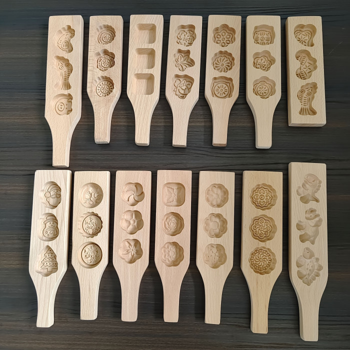 Wooden Cookie Stamp Set - Traditional Mooncake Molds, Cookie and Pastry Stampers - Baking Tools and Accessories for Green Bean Cake, Snow Light Beige Mooncake, and Desserts - Carved Wooden Baking Utensil Kit