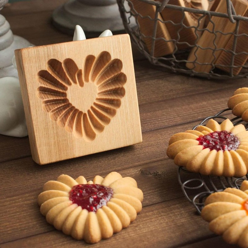 Wooden Cookie Molds for Christmas 3.9 Inch Heart Design Cookie Stamps