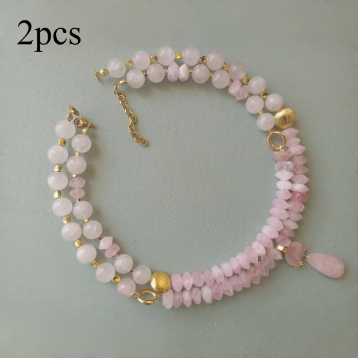Bohemian Style Handmade Beaded Natural Stone Women'S Neck Jewelry Pink Quartz Crystal Necklace