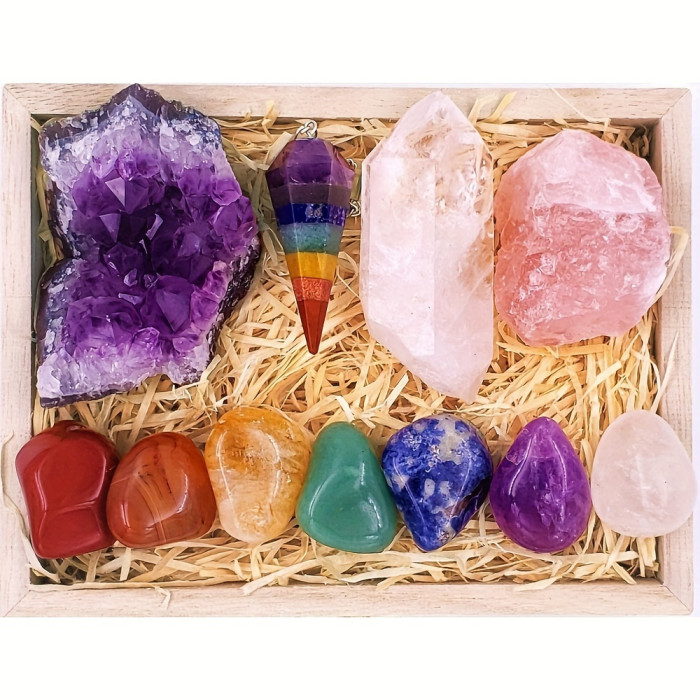 7-Stone Natural Gemstone Collection In Eco-Crafted Wooden Box