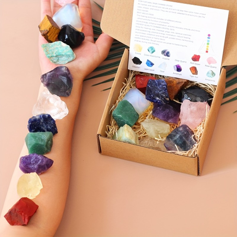 12 Raw Chakra Crystal Stones Set - Perfect for Yoga, Meditation, and Aura Cleansing; Ideal Thoughtful Gift for Friends During Thanksgiving or Christmas, Aura Cleansing | Vibrant Crystal Set | Natural Stone Box, Chakra Jewelry