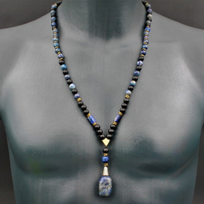 Trendy Lapis Lazuli Necklace Super Cool Men's Lapis Lazuli Pendant Necklace | Fashion Trend Natural Stone Neck Jewelry