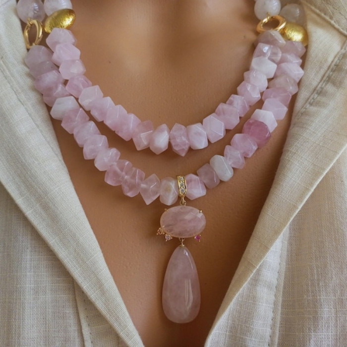Bohemian Style Handmade Beaded Natural Stone Women'S Neck Jewelry Pink Quartz Crystal Necklace