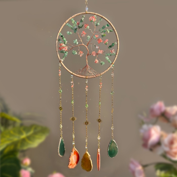 Elegant Bohemian Crystal Sun Catcher with Green Gemstone Chips Natural Gemstone Art Boho Home Decor