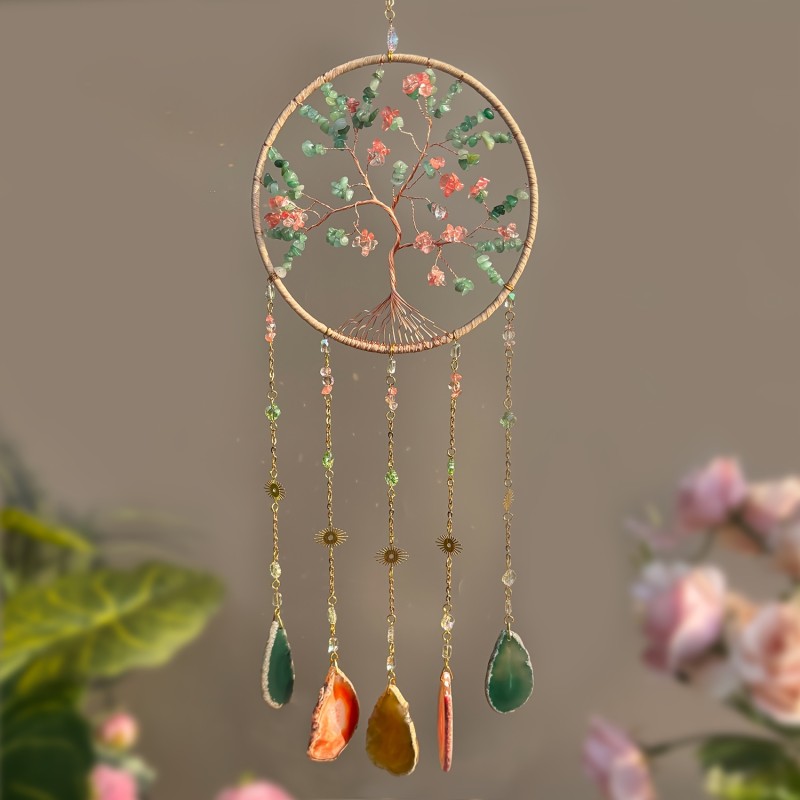 Elegant Bohemian Crystal Sun Catcher with Green Gemstone Chips Natural Gemstone Art Boho Home Decor