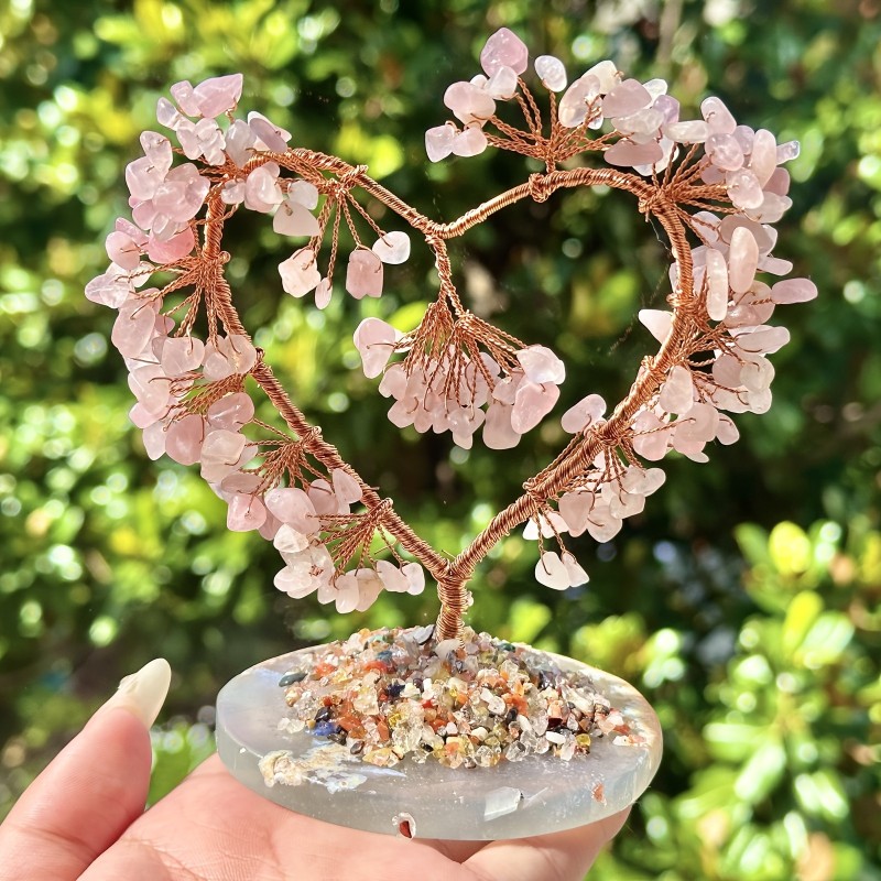 1pc Natural Pink Crystal Love Tree, Amethyst With Agate Slice Base Ornament, Quartz Decoration For Home, Holiday Gifts, Blessing Gifts