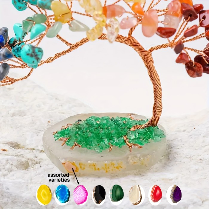 A Natural Crystal Tree with Seven Colors, Featuring an Agate Base And Green Stones