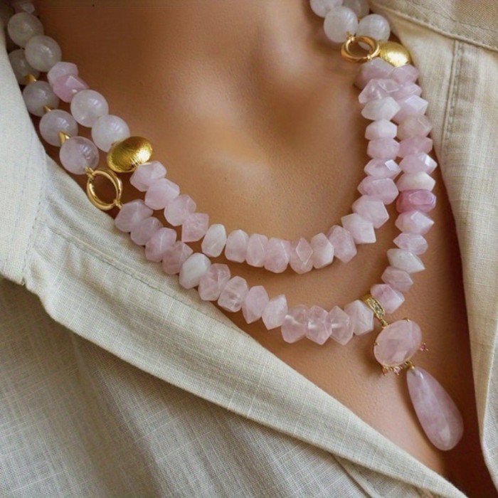 Bohemian Style Handmade Beaded Natural Stone Women'S Neck Jewelry Pink Quartz Crystal Necklace