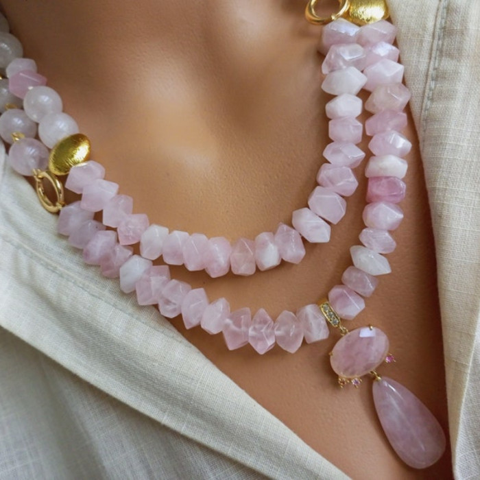 Bohemian Style Handmade Beaded Natural Stone Women'S Neck Jewelry Pink Quartz Crystal Necklace