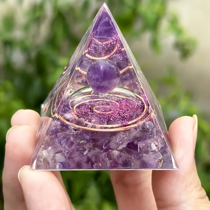 1pc Orgone Pyramid Generator with Amethyst, Chakra Crystal for Prosperity & Success, Home Decor Spiritual Gift, Unscented Solid Format