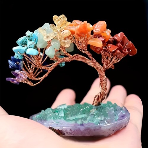 A Natural Crystal Tree with Seven Colors, Featuring an Agate Base And Green Stones