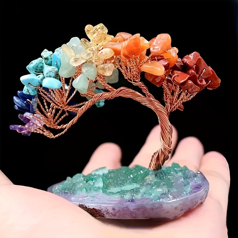 A Natural Crystal Tree with Seven Colors, Featuring an Agate Base And Green Stones
