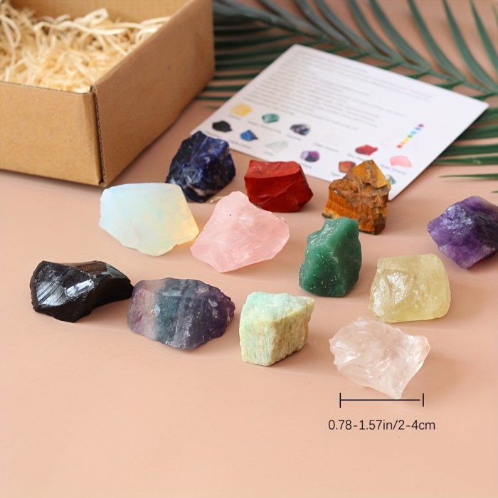 12 Raw Chakra Crystal Stones Set - Perfect for Yoga, Meditation, and Aura Cleansing; Ideal Thoughtful Gift for Friends During Thanksgiving or Christmas, Aura Cleansing | Vibrant Crystal Set | Natural Stone Box, Chakra Jewelry