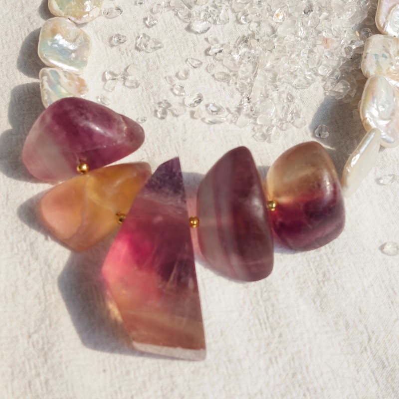 Bohemian Natural Seven-Color Fluorite & Freshwater Freshwater Pearls Necklace