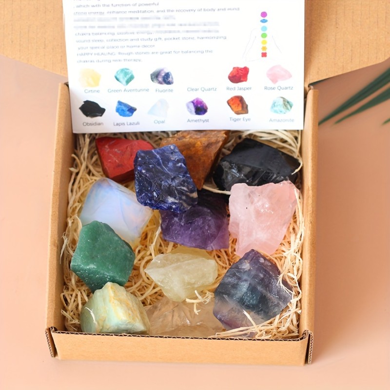 12 Raw Chakra Crystal Stones Set - Perfect for Yoga, Meditation, and Aura Cleansing; Ideal Thoughtful Gift for Friends During Thanksgiving or Christmas, Aura Cleansing | Vibrant Crystal Set | Natural Stone Box, Chakra Jewelry